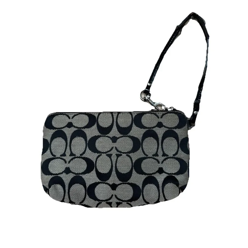 Coach Signature Wristlet Black Gray Jacquard Canvas Zip Turn Lock Bag Pouch